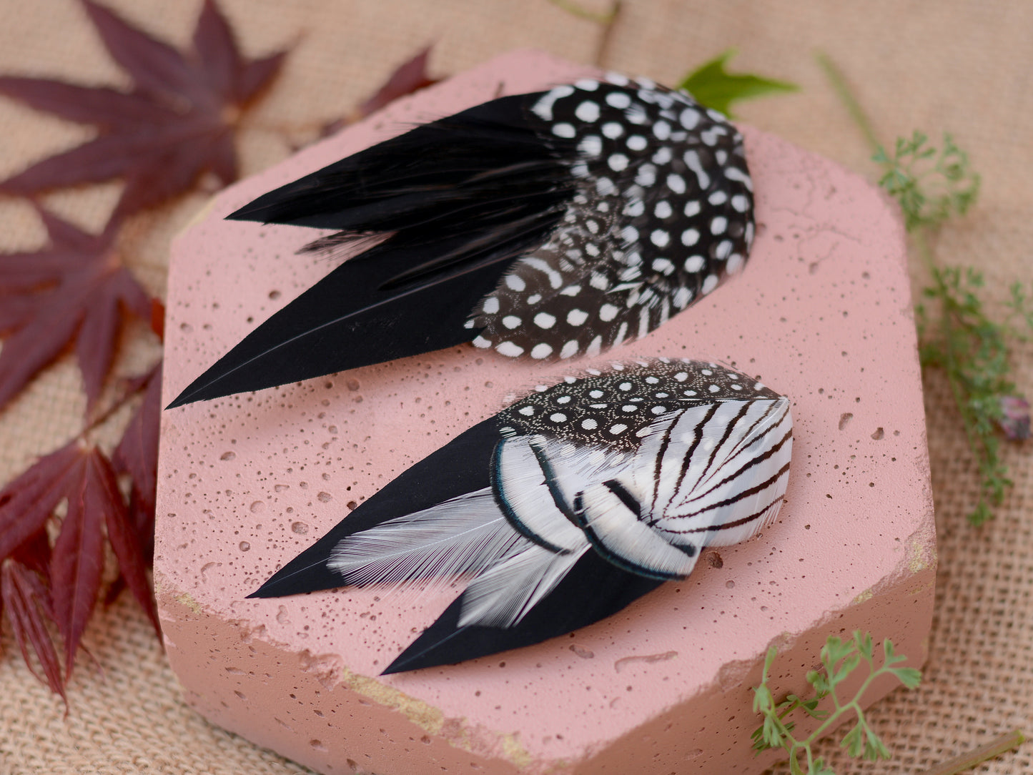 Black Monochrome Feather Lapel Pin with Spotted Guinea Fowl Feathers
