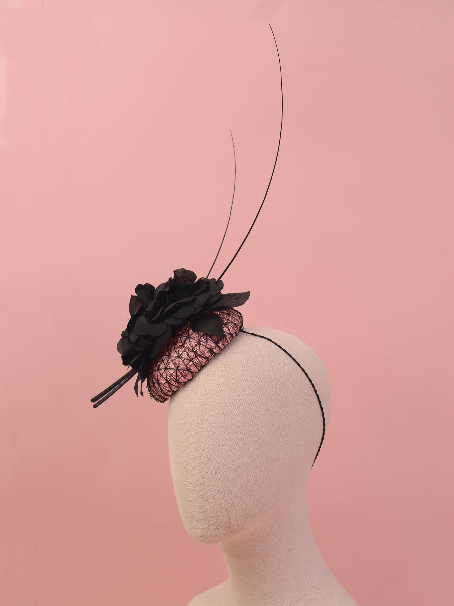 Black and Pink Button Fascinator with Black Roses and Feather Trim