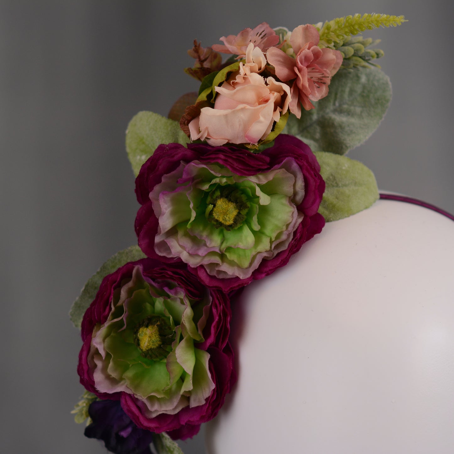 Sculptural Plum and Peach Flower Headpiece