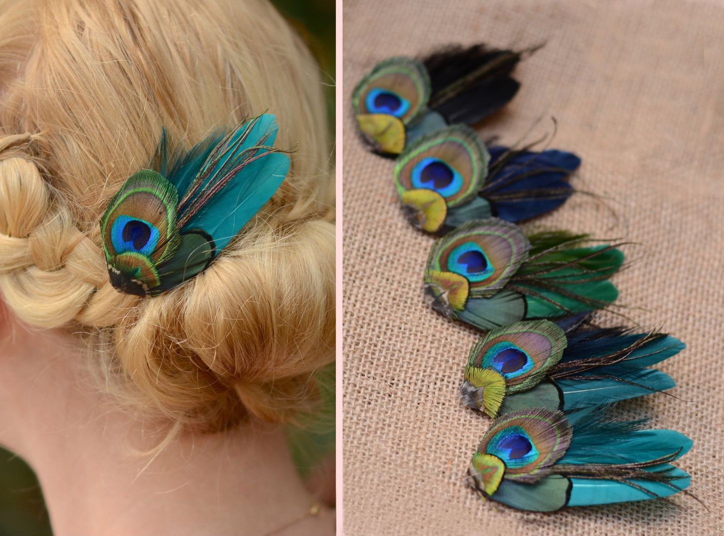 Small Peacock Feather Hair Clip in Teal, Green, Navy or Black No.002