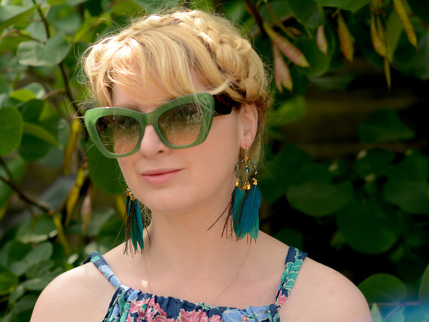 Feather Dream Catcher Earrings in Peacock Blue with Crystal Beads