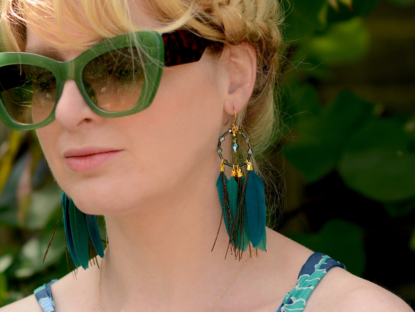 Feather Dream Catcher Earrings in Peacock Blue with Crystal Beads