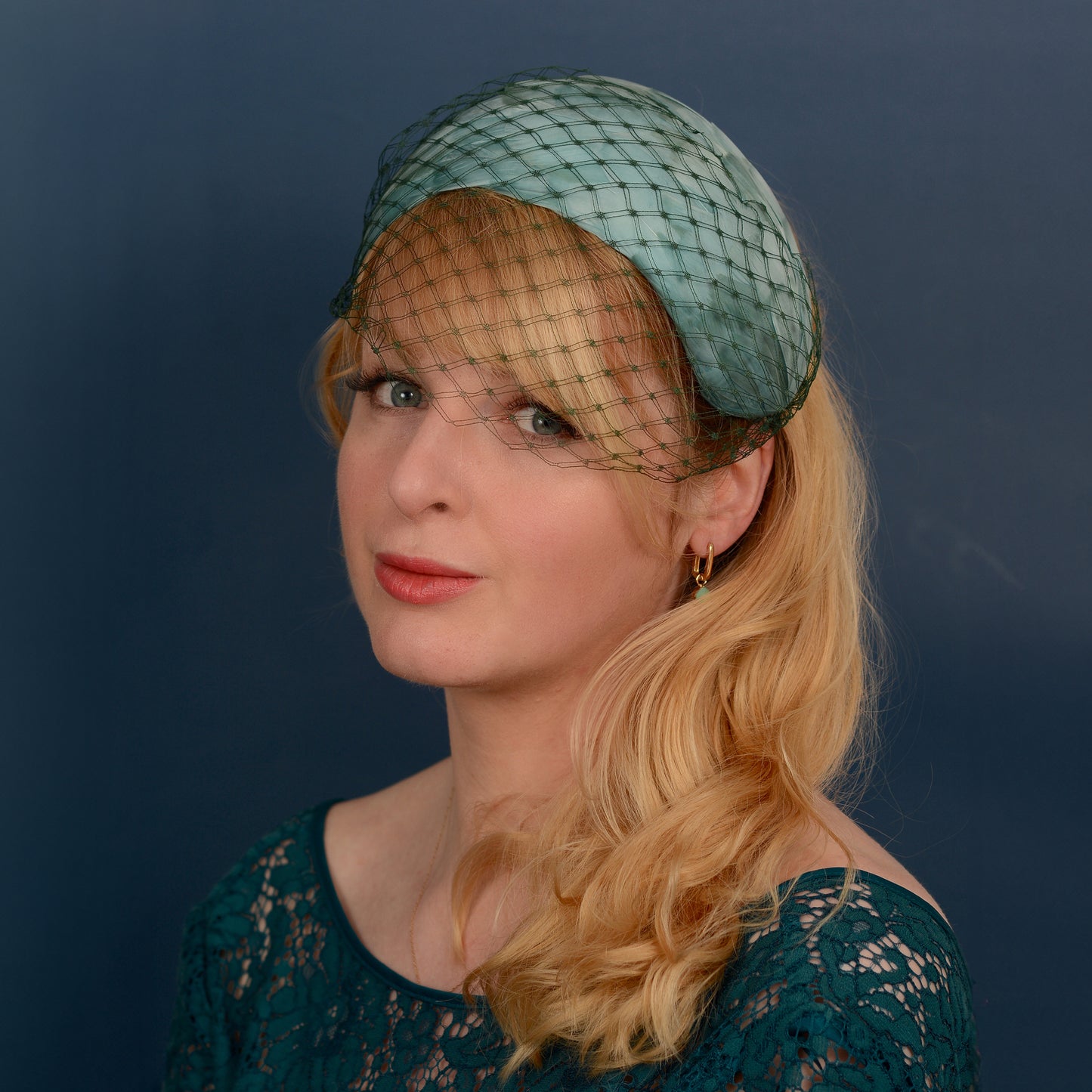 Luxury Sage Green Goose Feather Bandeau Fascinator with Vintage Veiling
