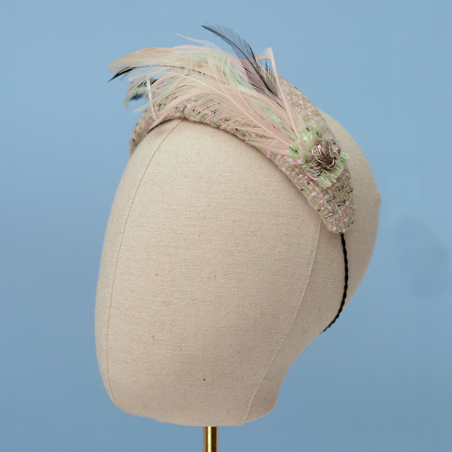 Tweed Pink and Mint Green Bandeau Fascinator with Feather Mount