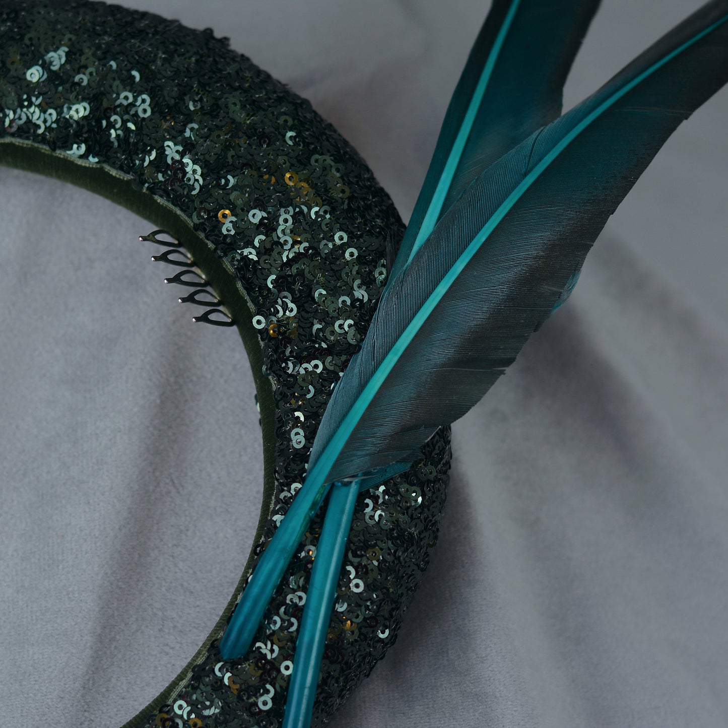 Deep Green Sequin Bandeau Headband Fascinator With Teal Feather Trim