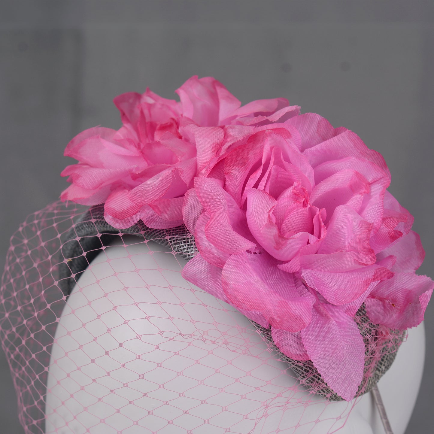 Grey and Pink Bandeau Headband Fascinator with Flowers and Net Veil