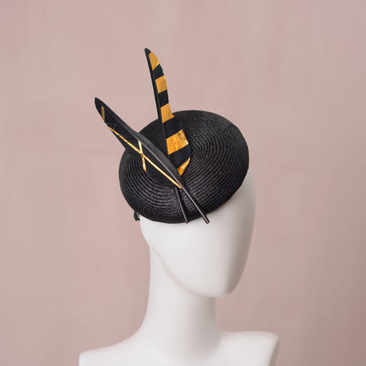 Black and Gold Perching Beret Hat with Feathers