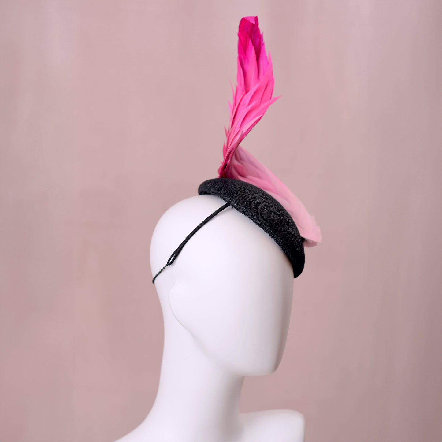 Black and Ombre Pink Perching Beret Hat with Feather Swirl