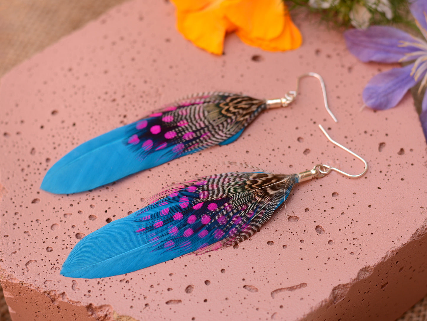 Turquoise Blue and Pink Feather Earrings