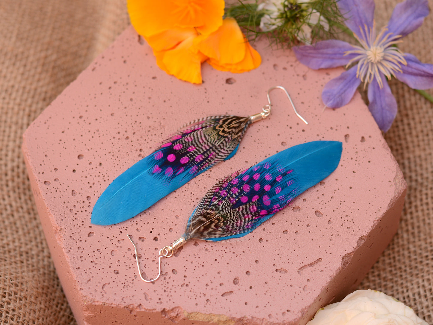 Turquoise Blue and Pink Feather Earrings