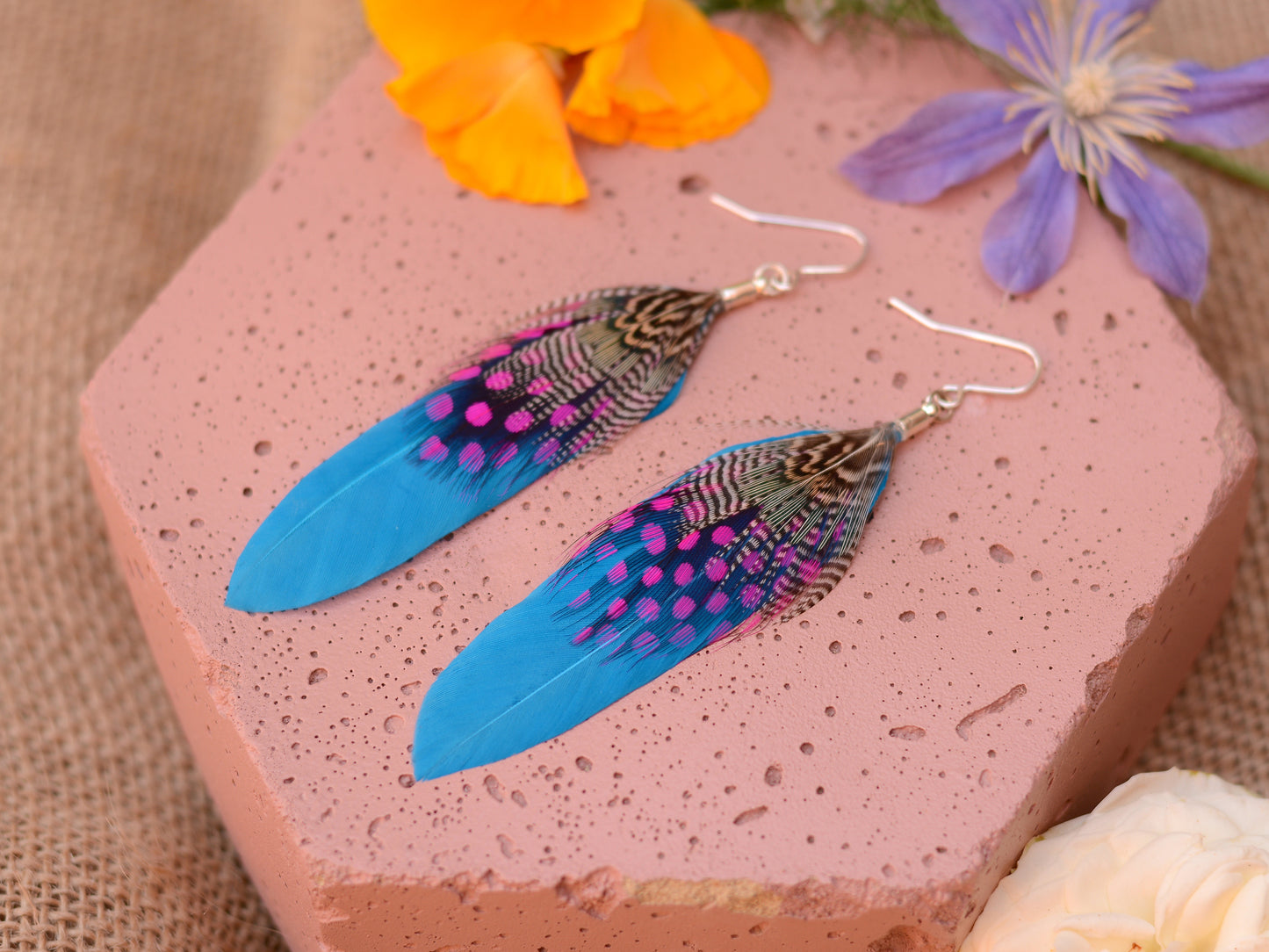 Turquoise Blue and Pink Feather Earrings