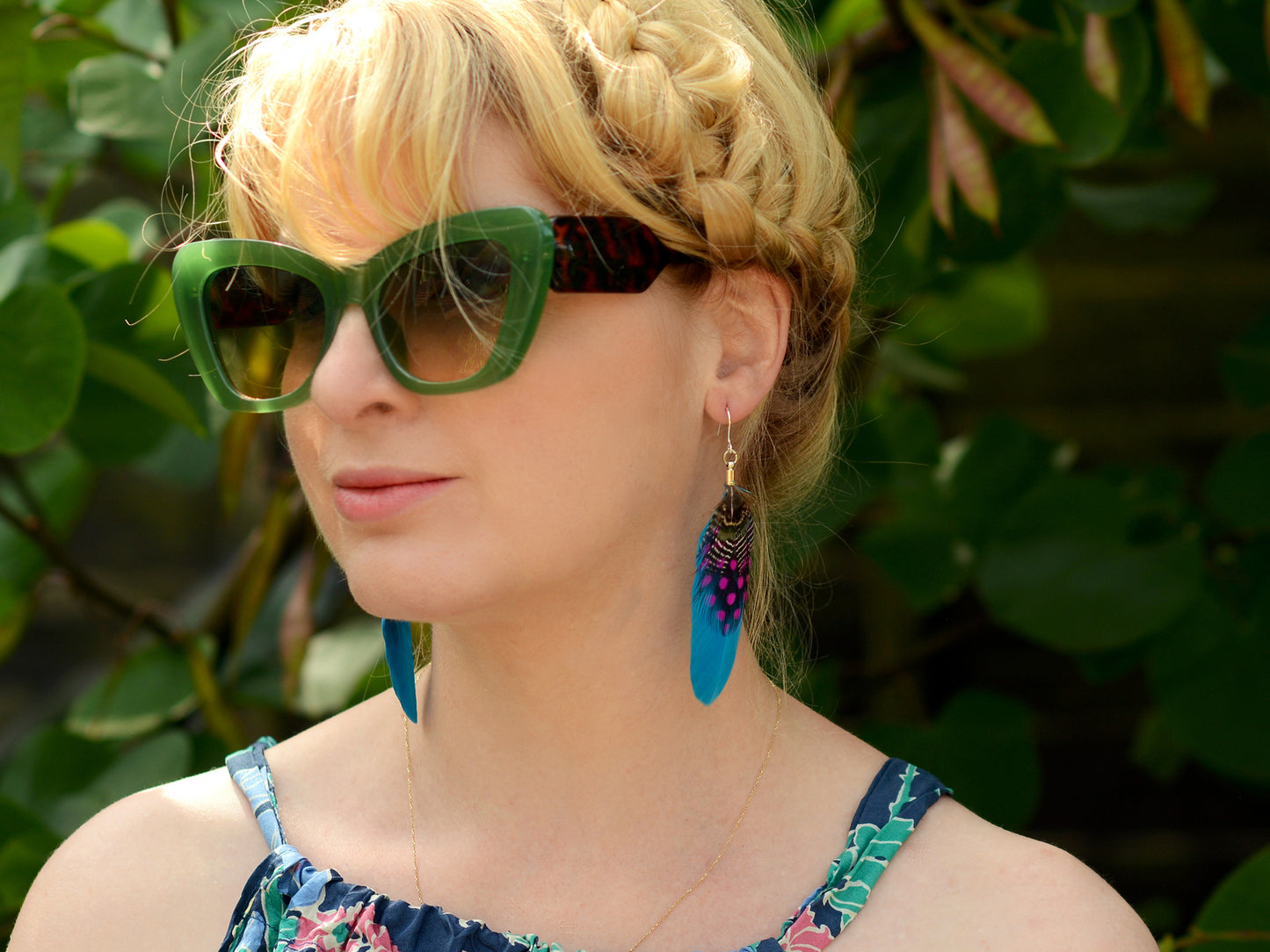 Turquoise Blue and Pink Feather Earrings