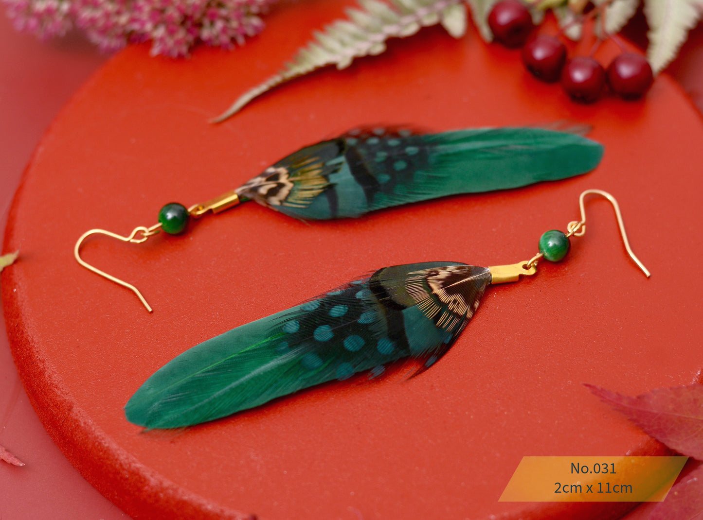 Green and Polka Dot Pheasant Feather Earrings