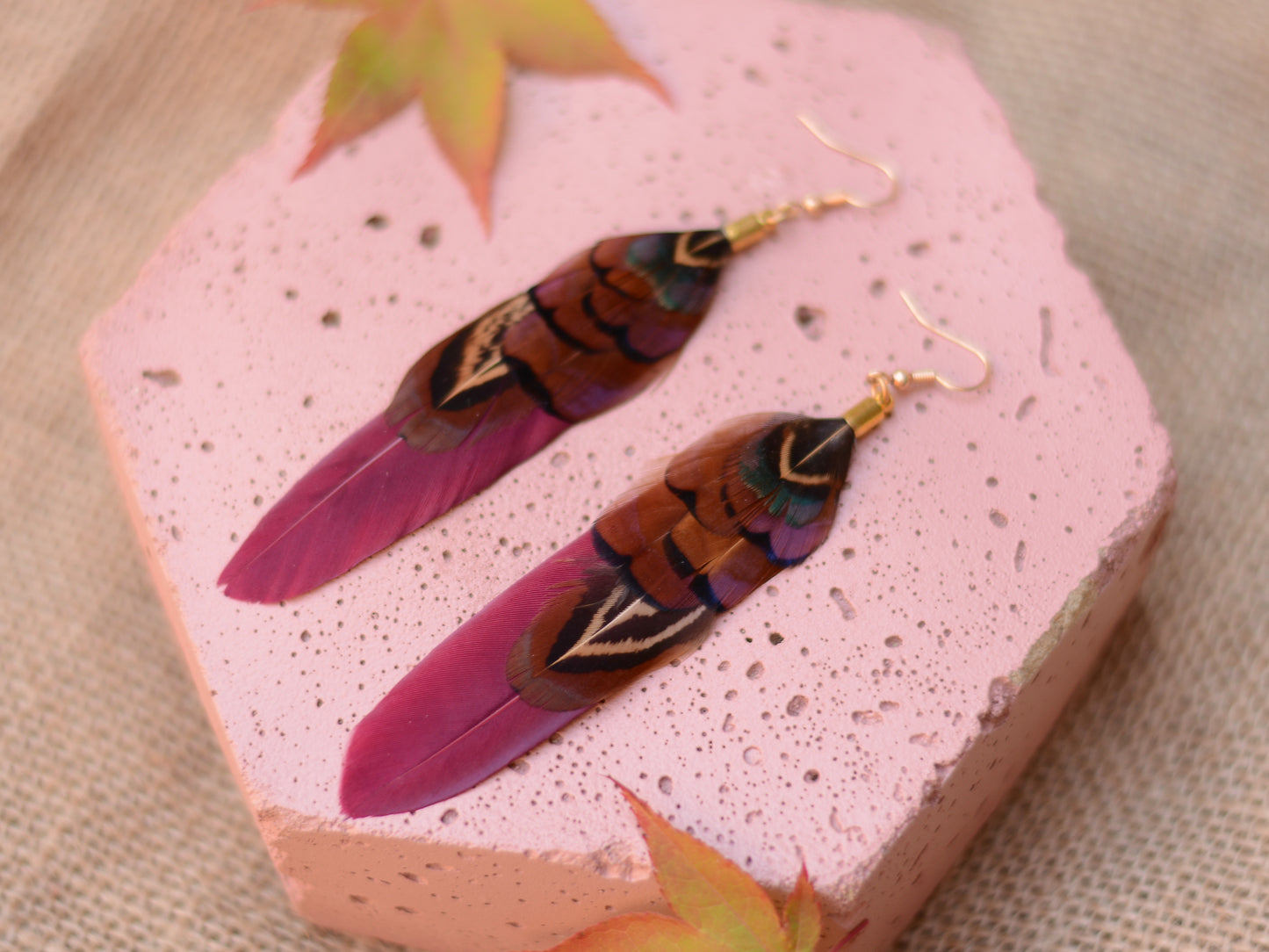 Plum and Copper Pheasant Feather Earrings