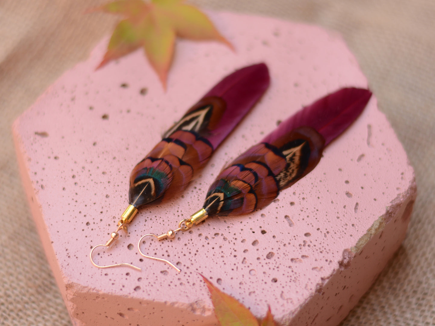 Plum and Copper Pheasant Feather Earrings