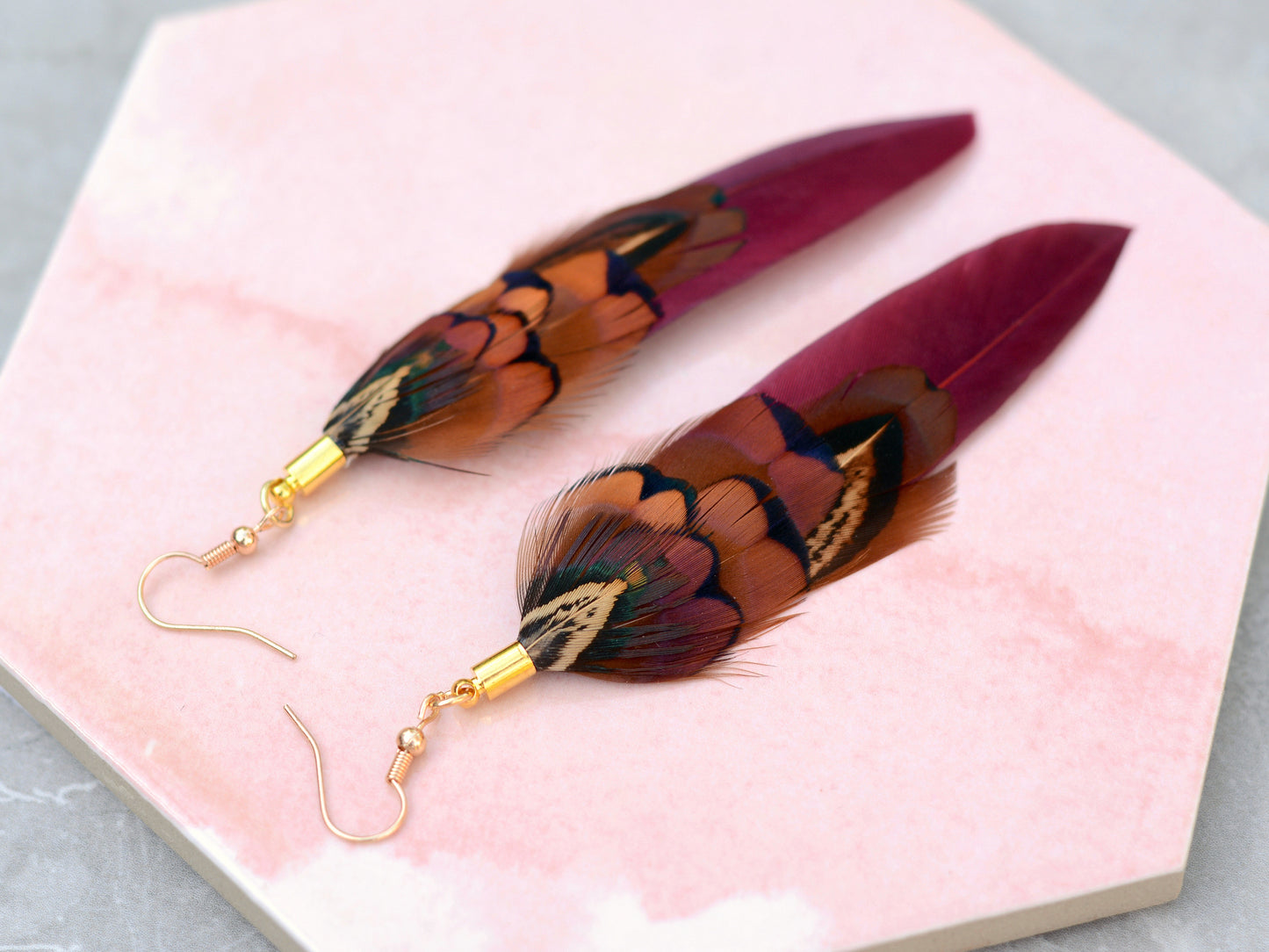 Plum and Copper Pheasant Feather Earrings