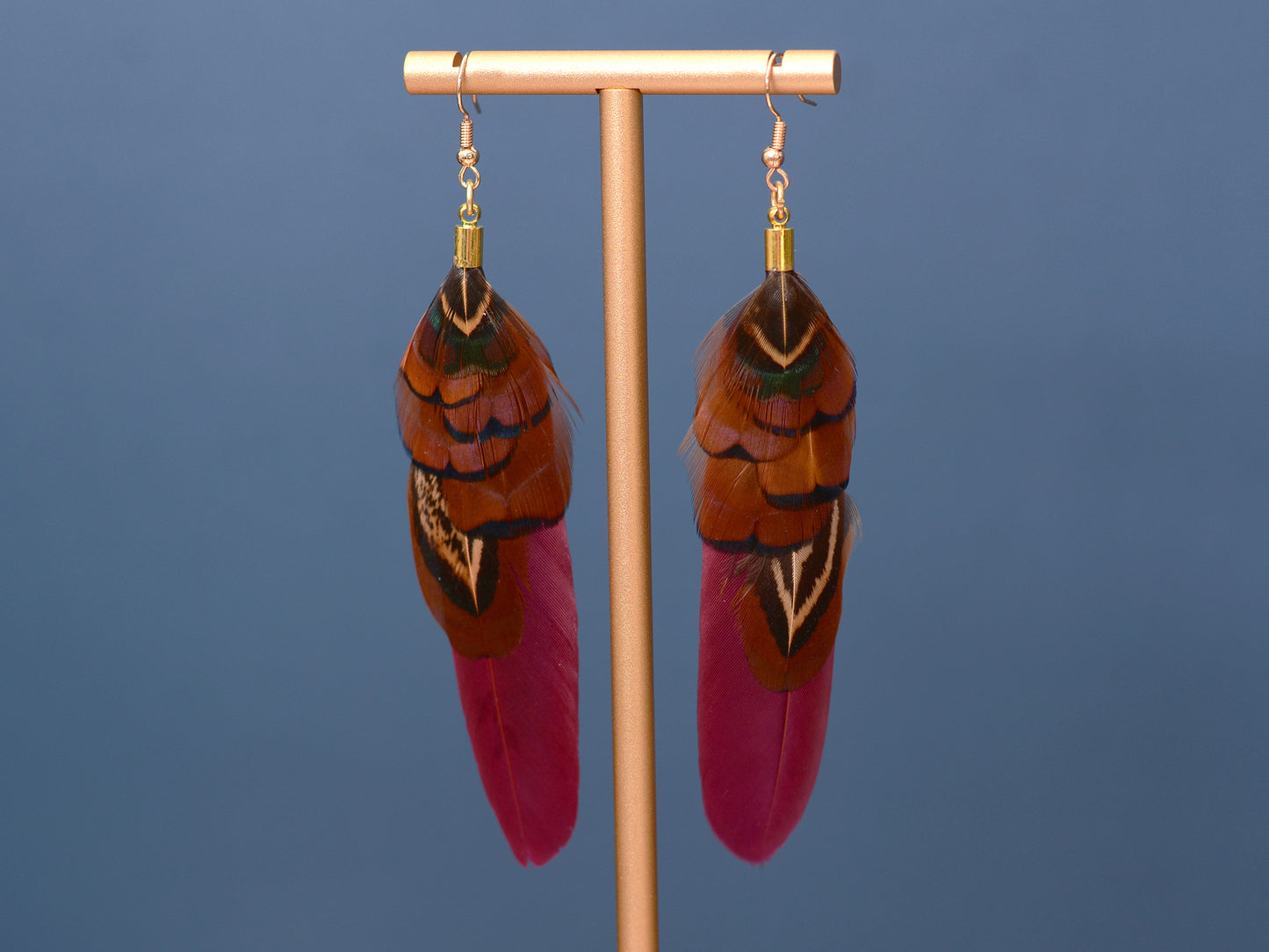 Plum and Copper Pheasant Feather Earrings