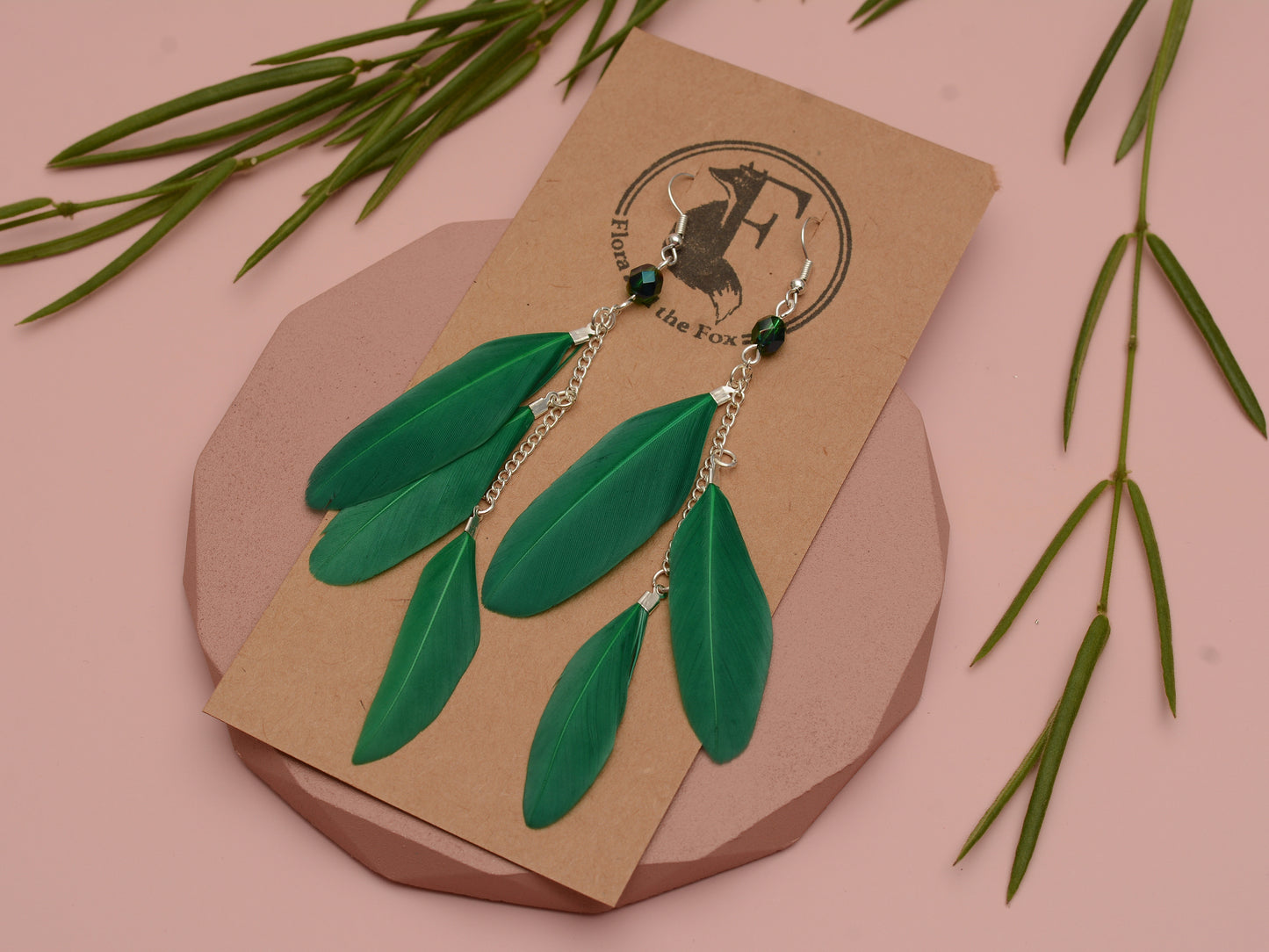 Long Feather Earrings in Emerald Green with Crystal Beads