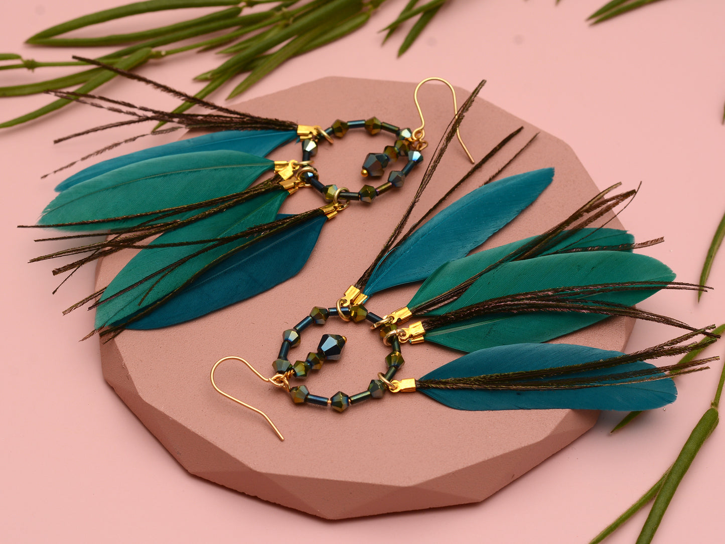 Feather Dream Catcher Earrings in Peacock Blue with Crystal Beads