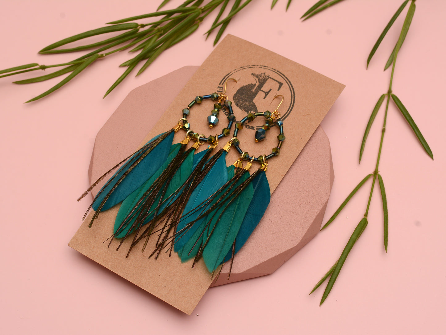 Feather Dream Catcher Earrings in Peacock Blue with Crystal Beads