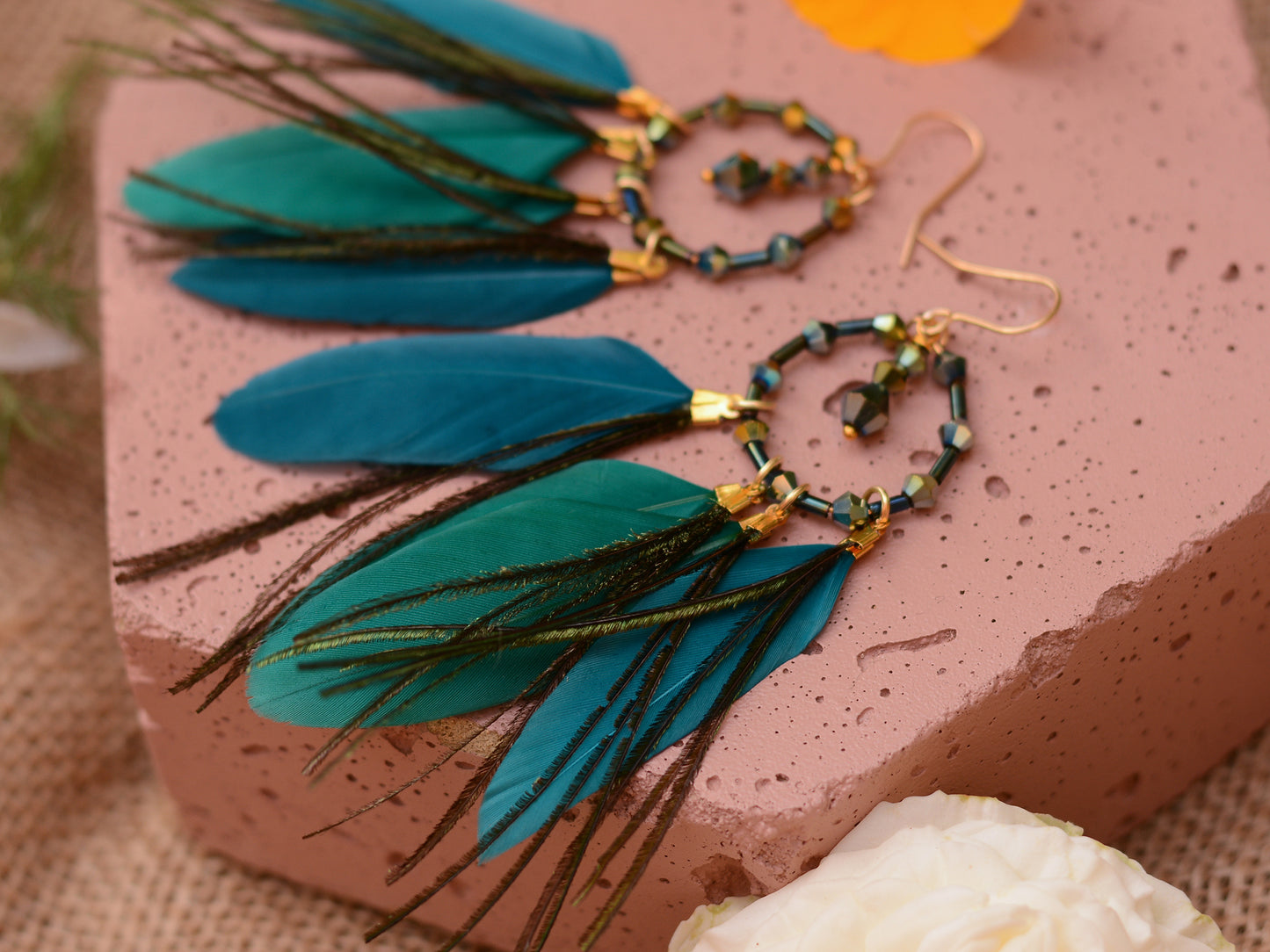 Feather Dream Catcher Earrings in Peacock Blue with Crystal Beads