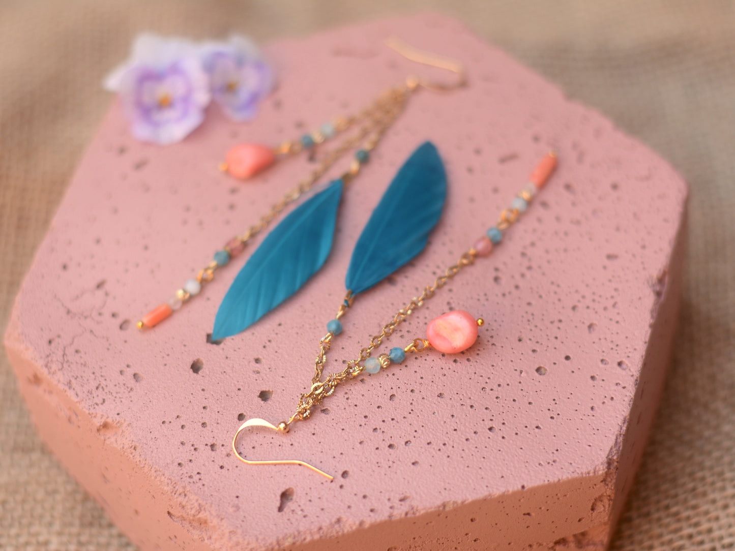 Ocean Breeze Coral and Teal Beaded Feather Earrings