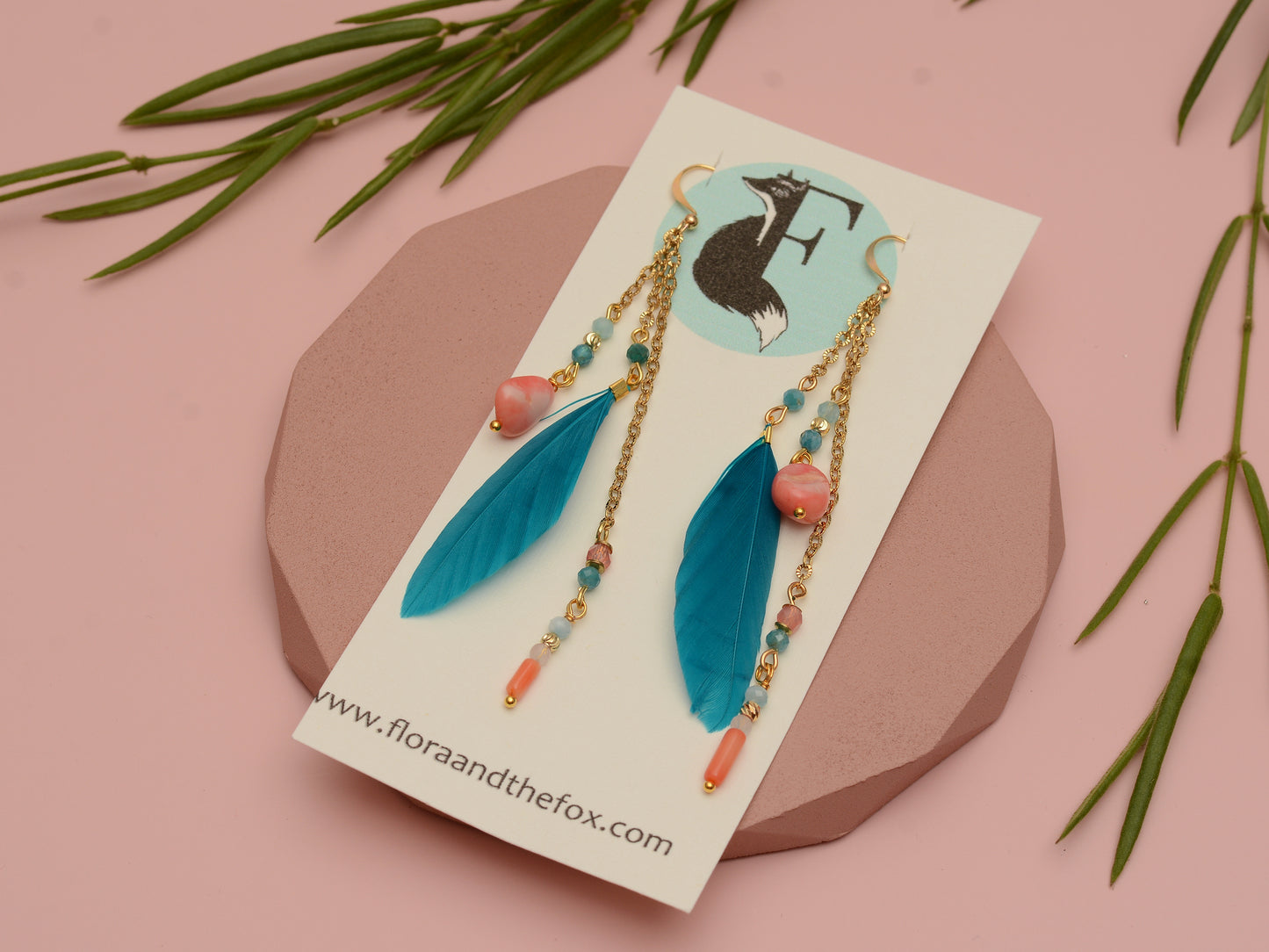 Ocean Breeze Coral and Teal Beaded Feather Earrings