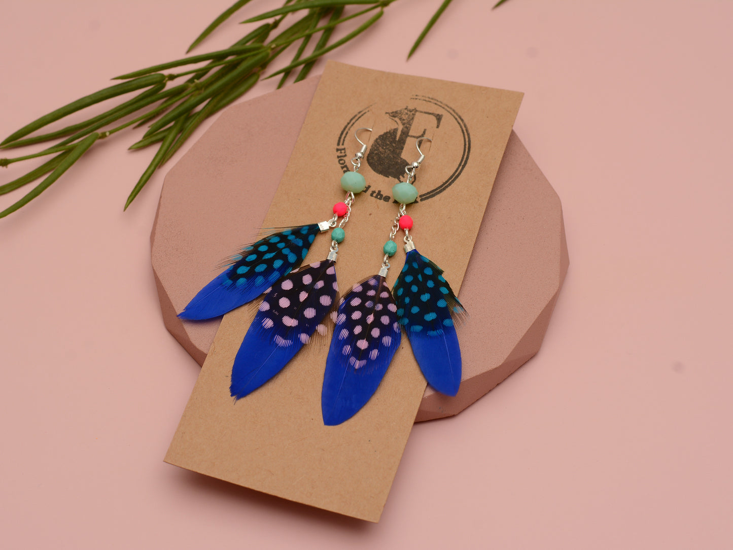 Vibrant Blue and Pink Beaded Long Feather Earrings