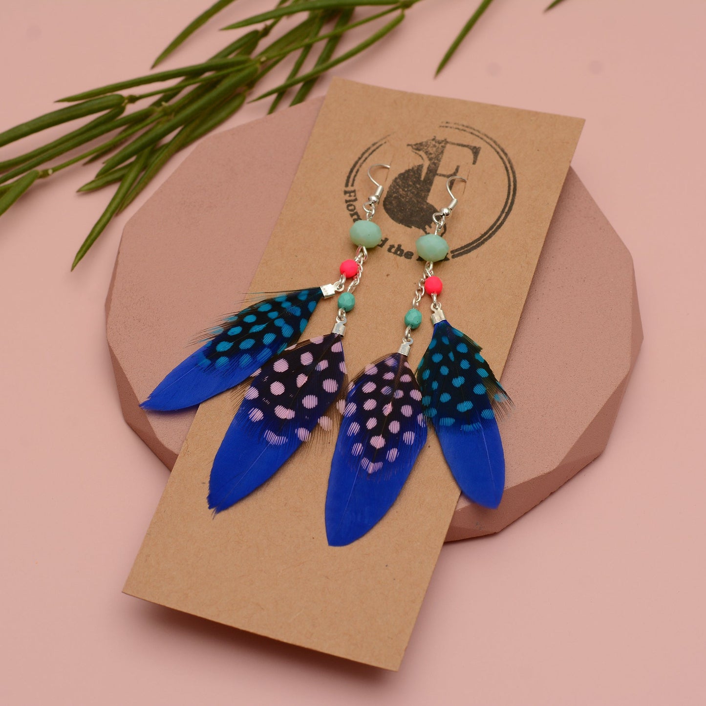 Vibrant Blue and Pink Beaded Long Feather Earrings