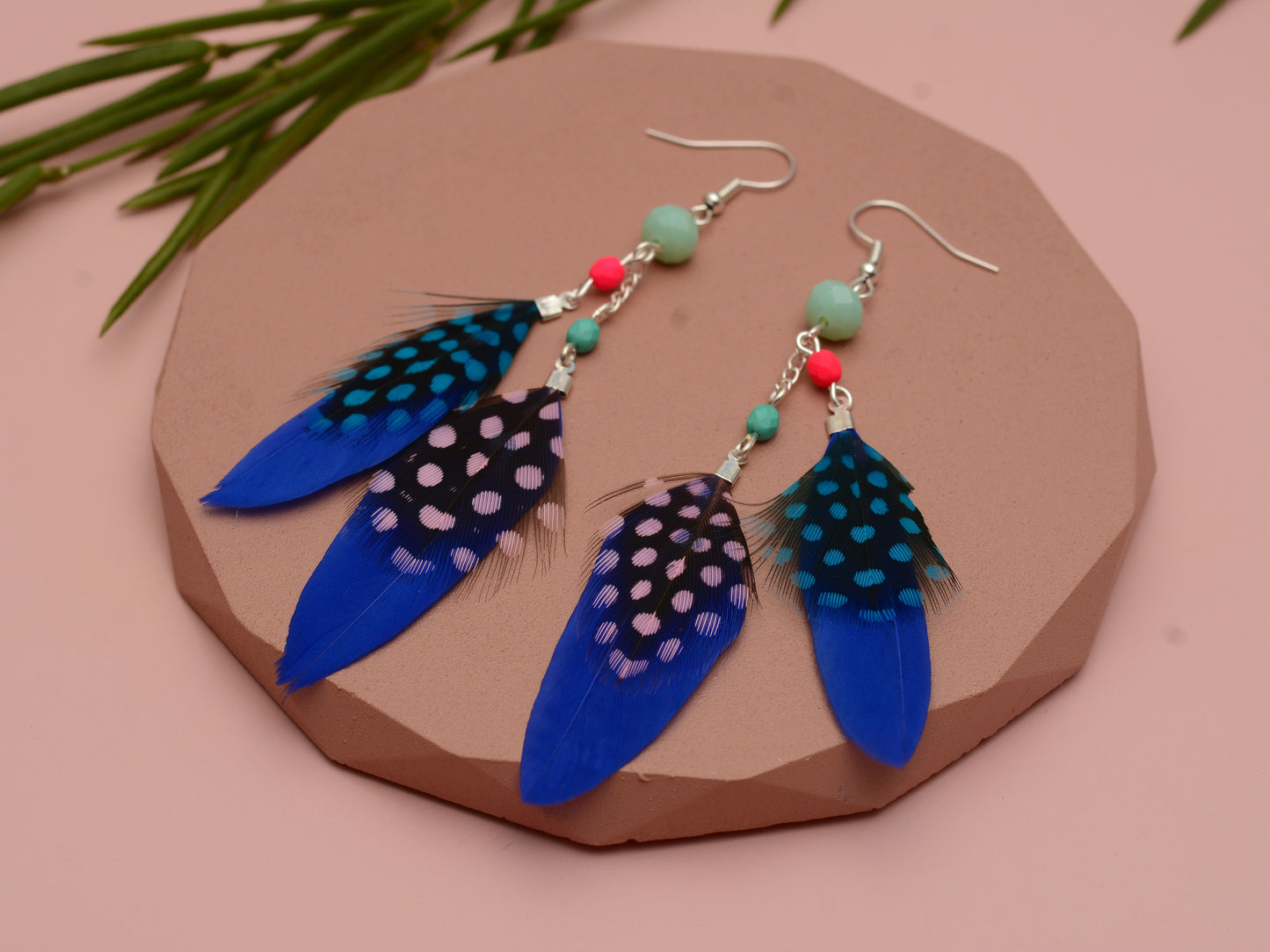Vibrant Blue and Pink Beaded Long Feather Earrings