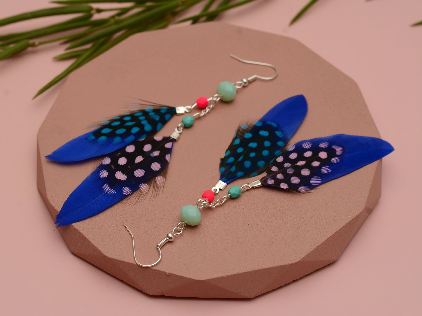 Vibrant Blue and Pink Beaded Long Feather Earrings