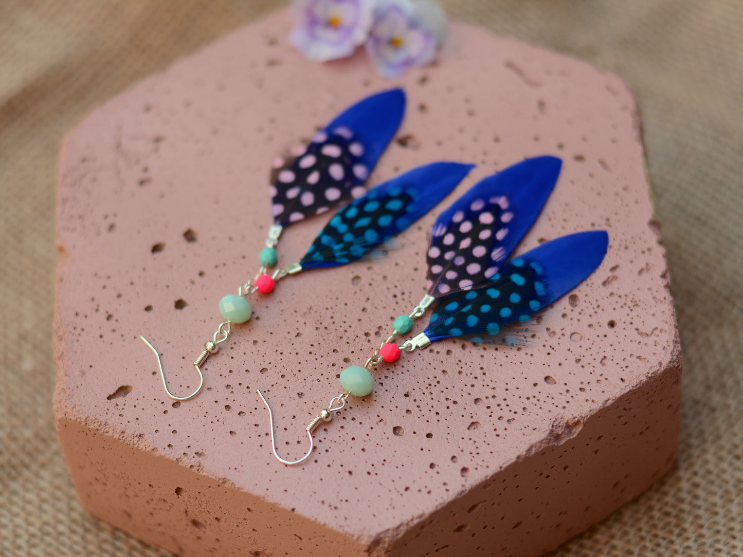 Vibrant Blue and Pink Beaded Long Feather Earrings