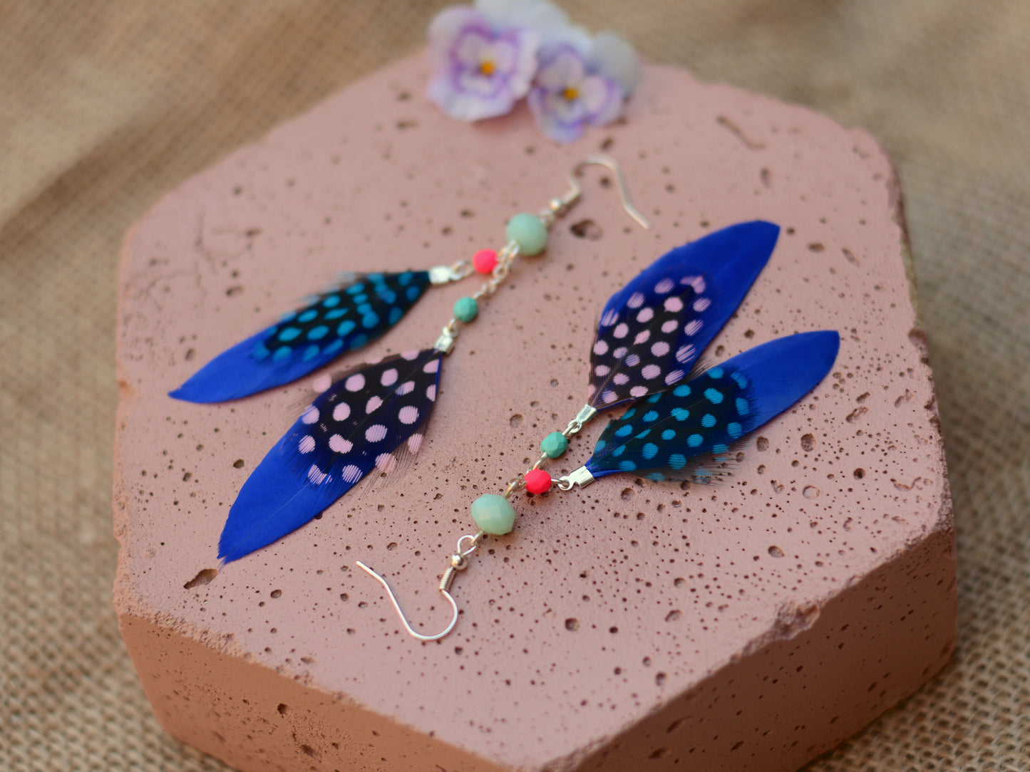 Vibrant Blue and Pink Beaded Long Feather Earrings