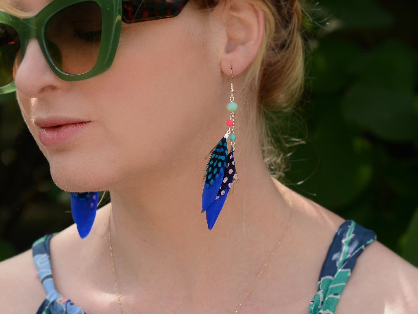 Vibrant Blue and Pink Beaded Long Feather Earrings