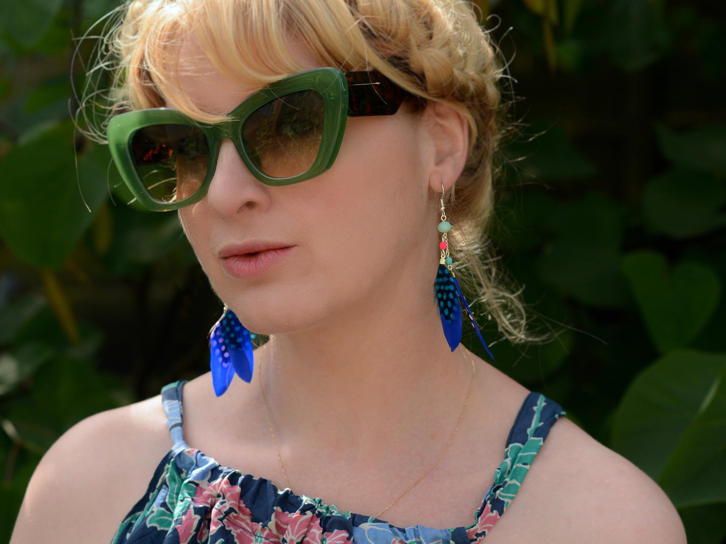 Vibrant Blue and Pink Beaded Long Feather Earrings