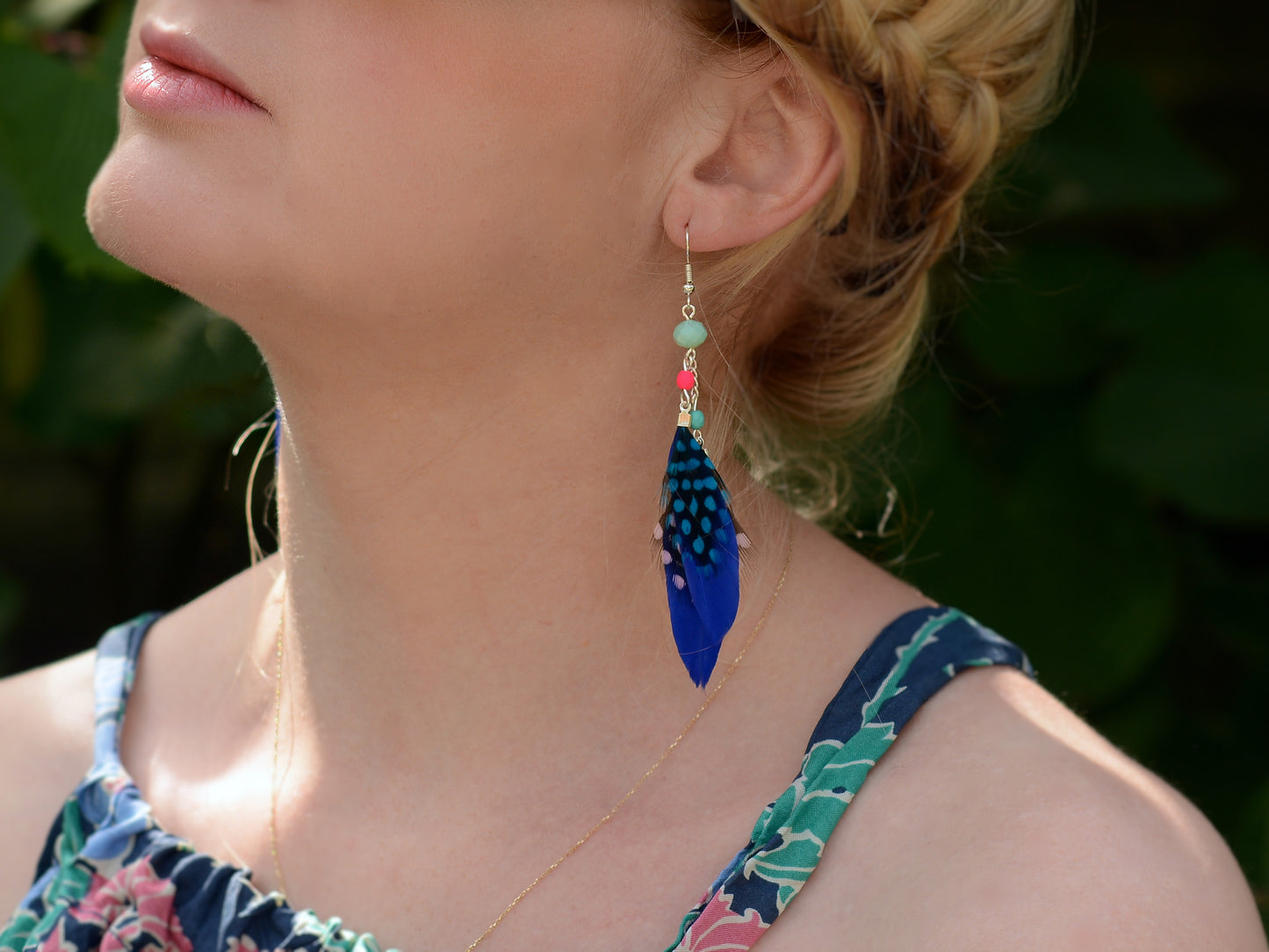 Vibrant Blue and Pink Beaded Long Feather Earrings