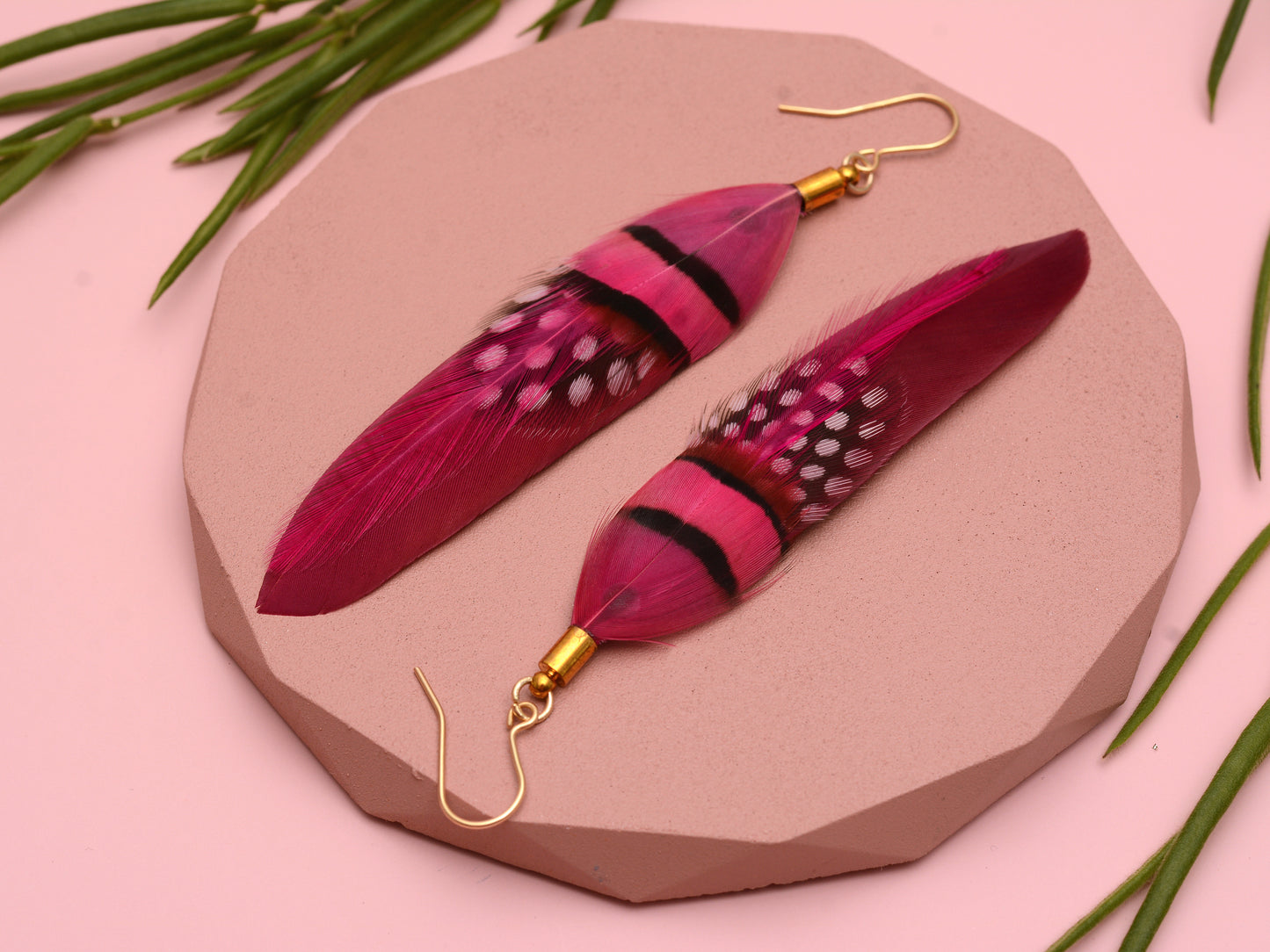 Raspberry and Magenta Pink Ombre Feather Earrings