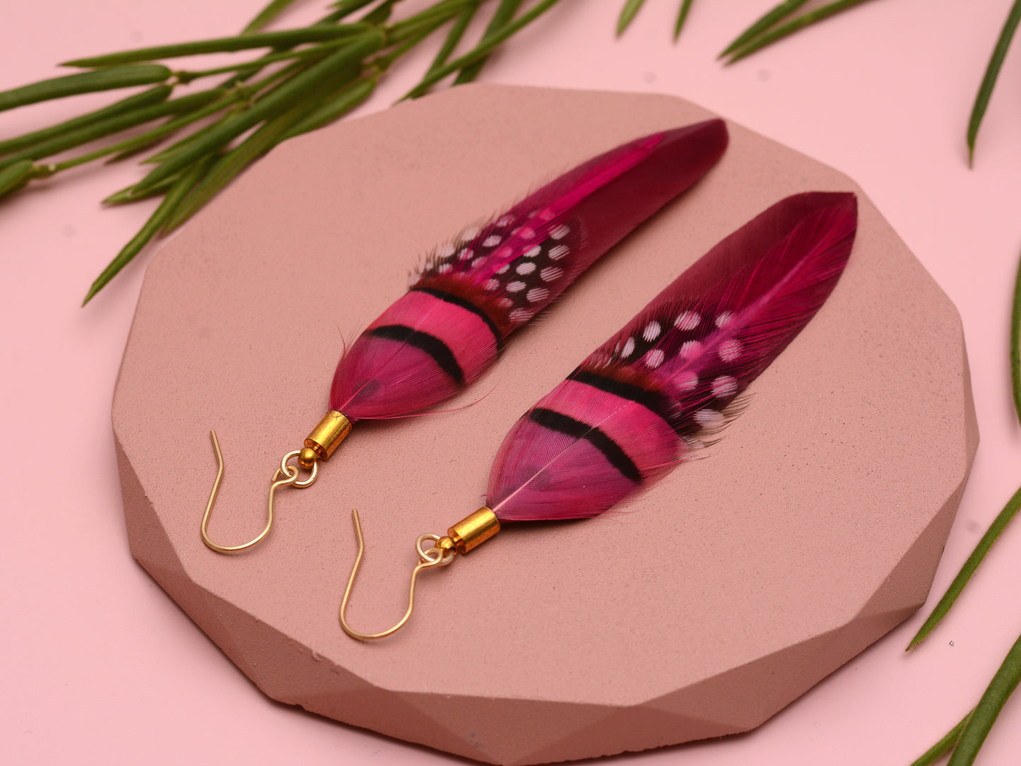 Raspberry and Magenta Pink Ombre Feather Earrings