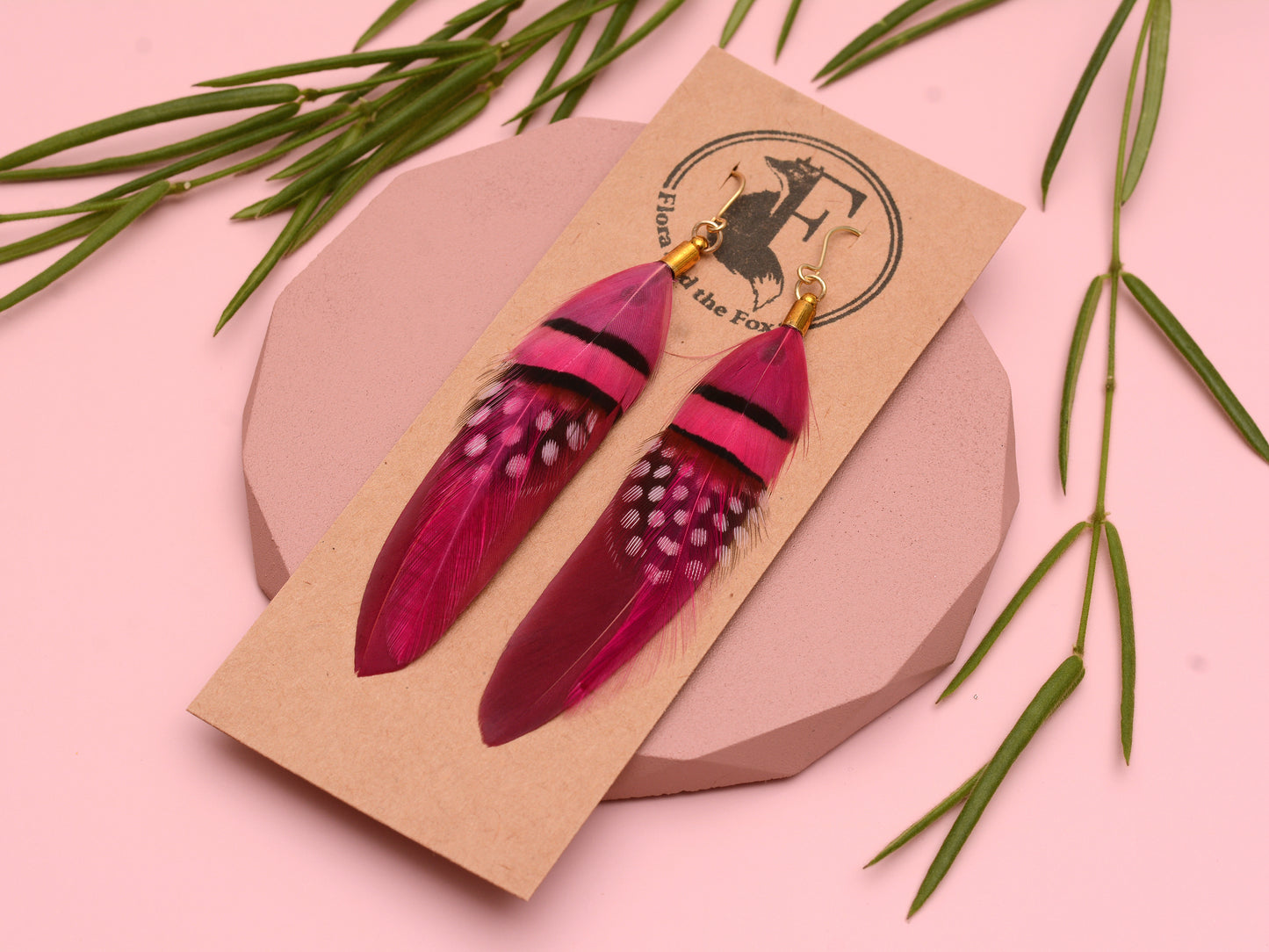 Raspberry and Magenta Pink Ombre Feather Earrings