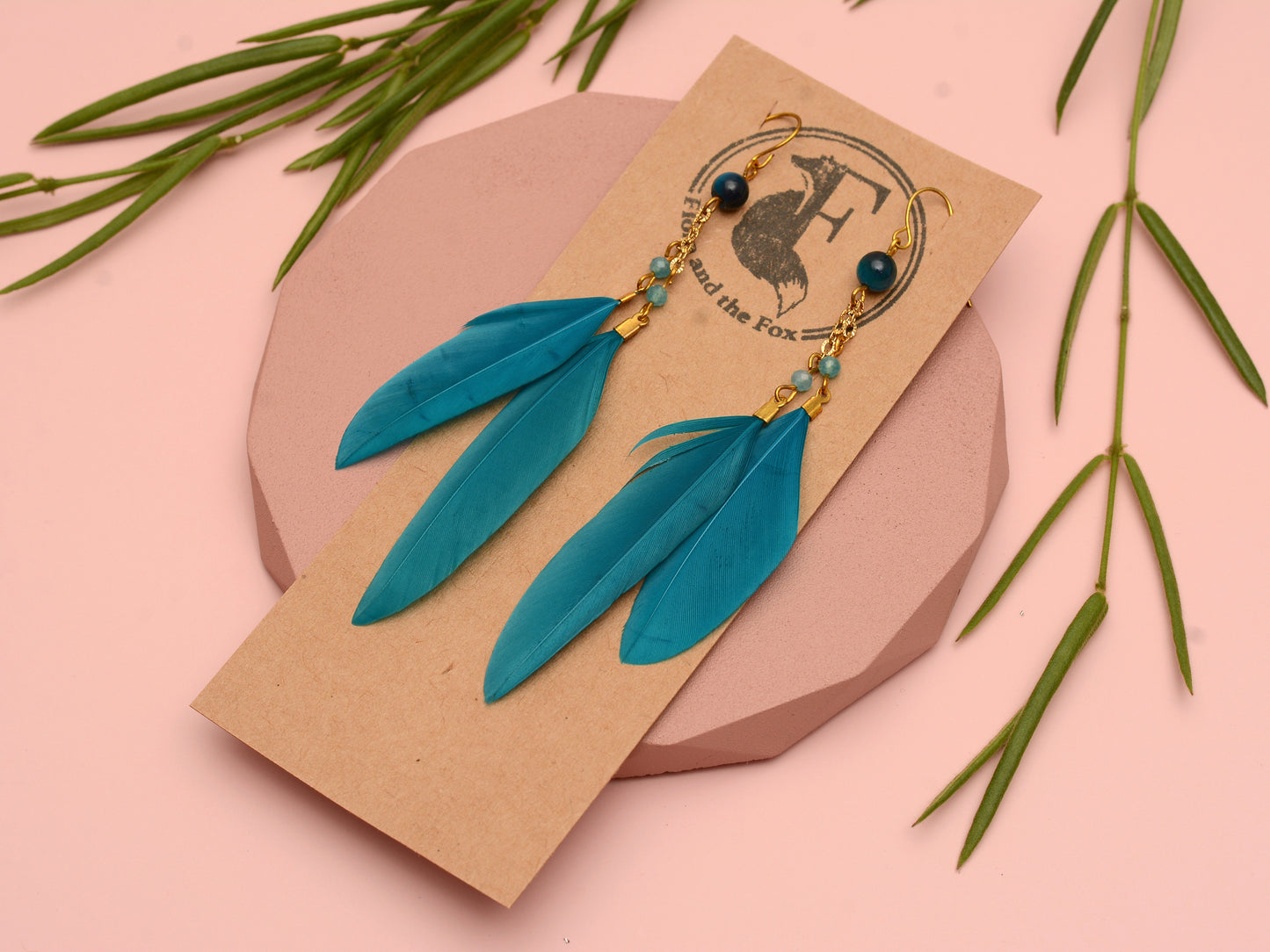 Long Feather Earrings in Peacock Blue with Natural Stone Beads