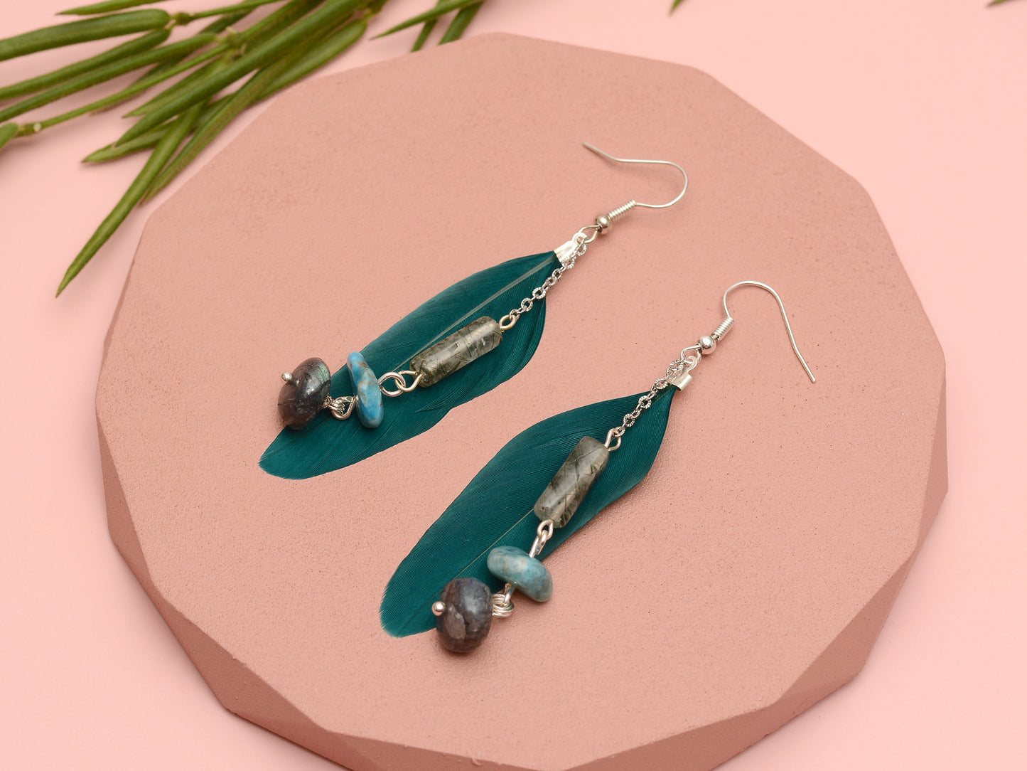 Teal Turquoise Drop Feather Earrings with Aquamarine Stone Chip Beads
