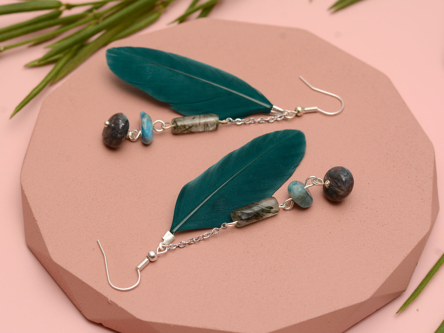 Teal Turquoise Drop Feather Earrings with Aquamarine Stone Chip Beads