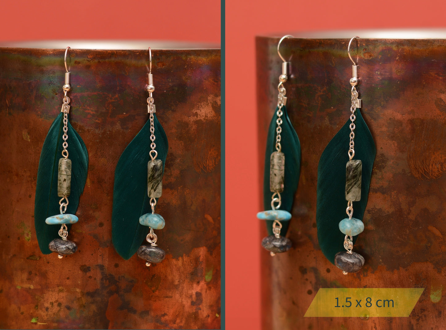 Teal Turquoise Drop Feather Earrings with Aquamarine Stone Chip Beads