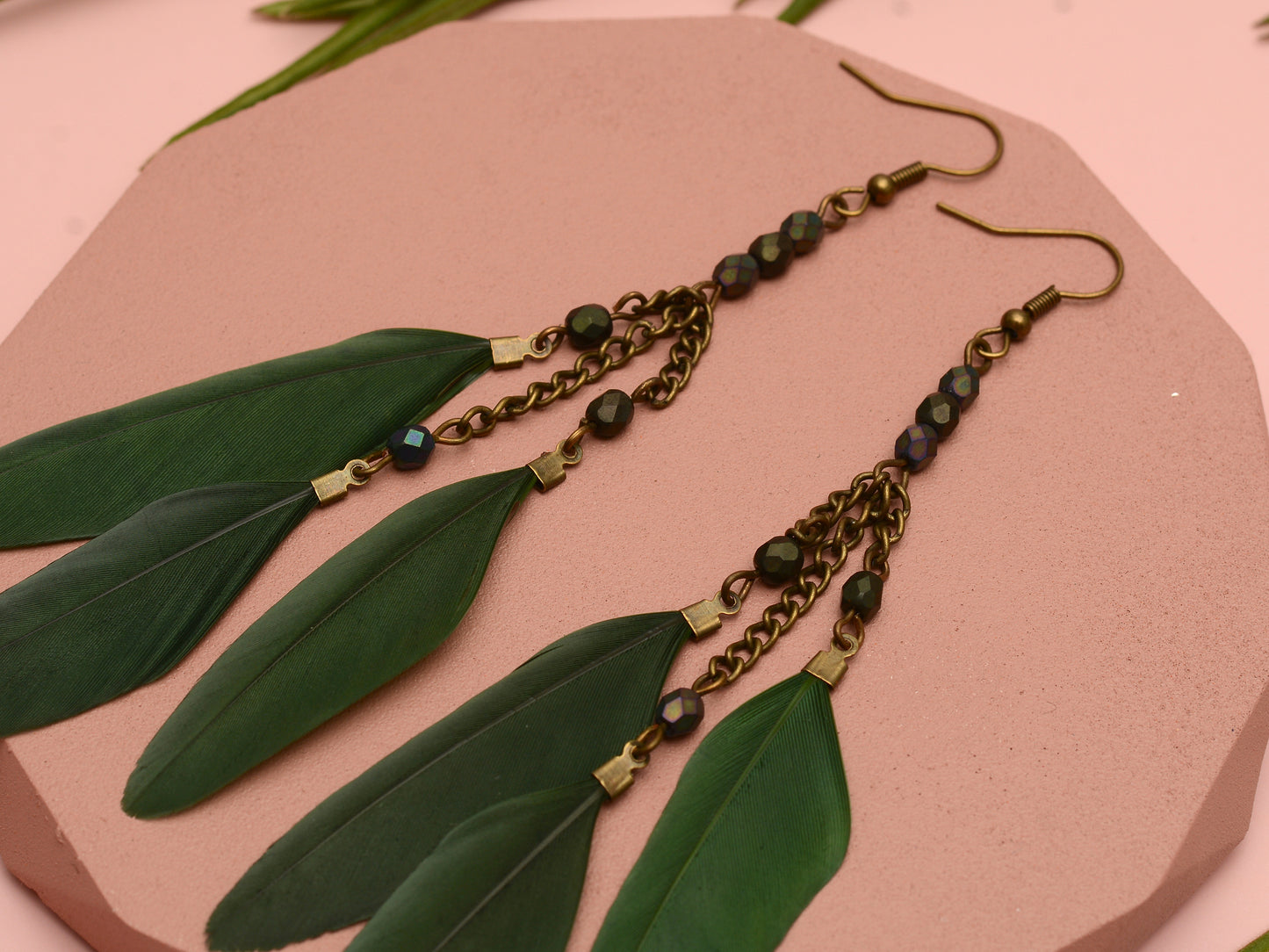 Long Feather Chain Earrings in Khaki Green