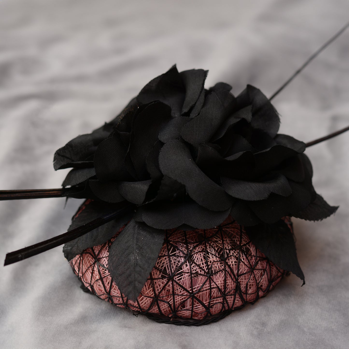 Black and Pink Button Fascinator with Black Roses and Feather Trim