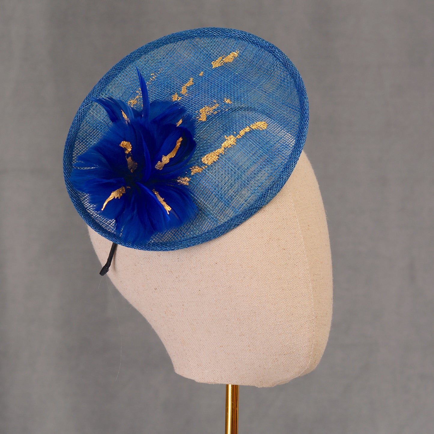 Cobalt Blue Side Perching Disc Fascinator with Gold Leafing