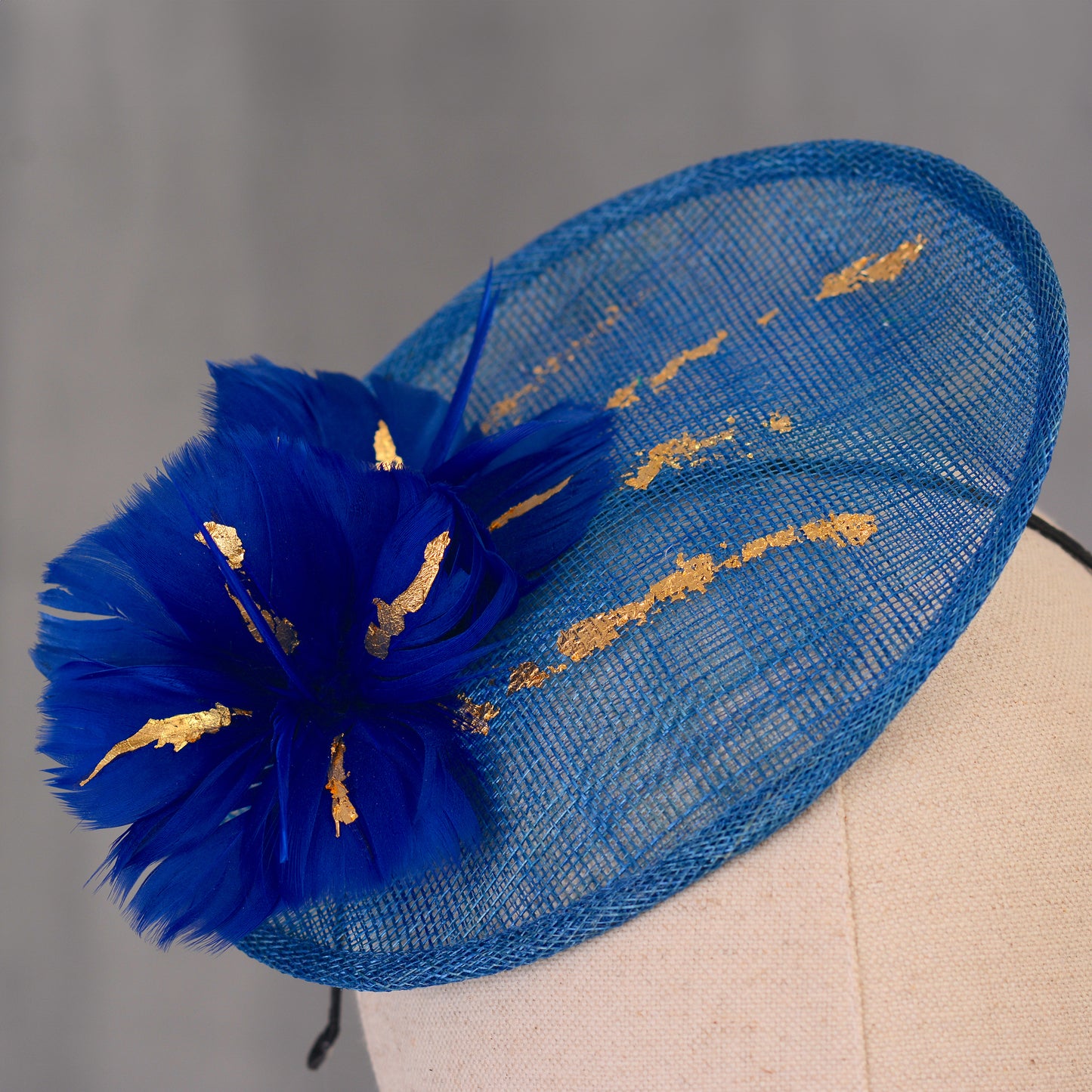 Cobalt Blue Side Perching Disc Fascinator with Gold Leafing