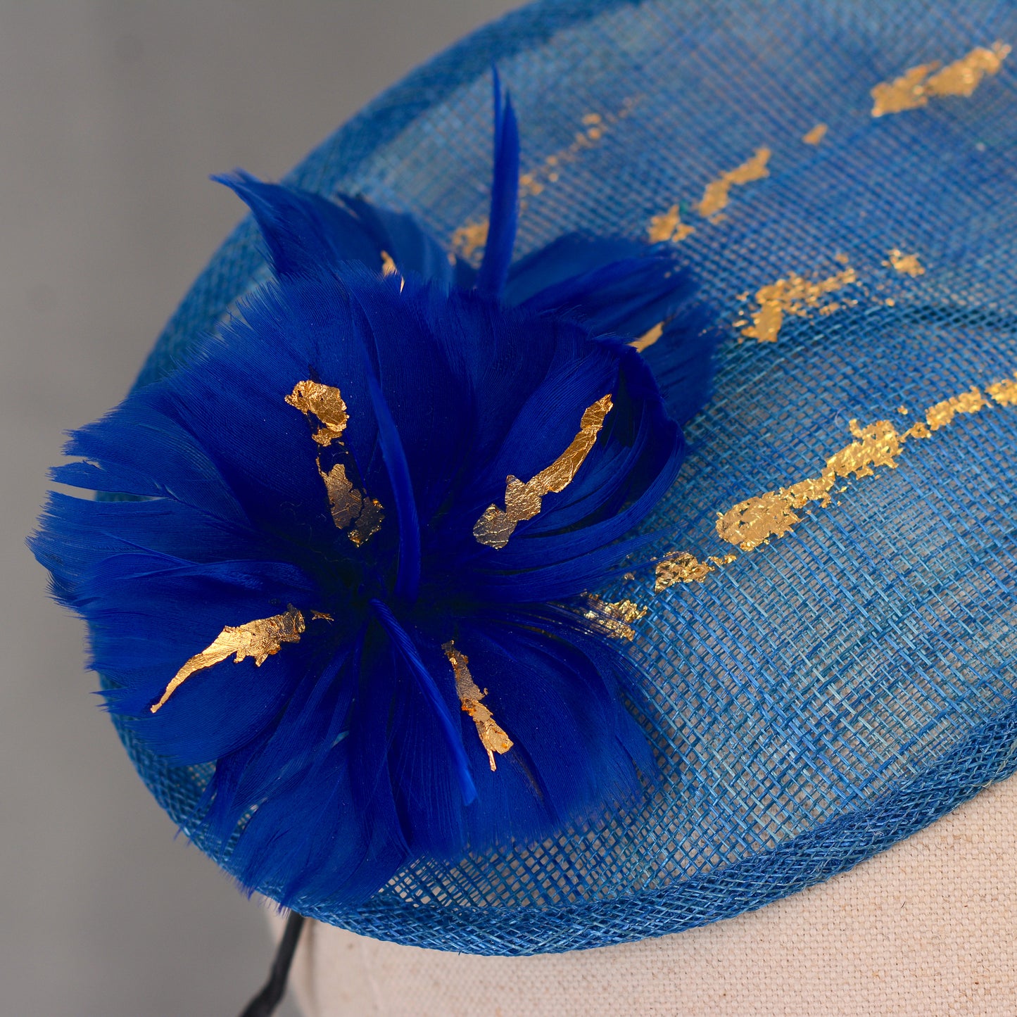 Cobalt Blue Side Perching Disc Fascinator with Gold Leafing