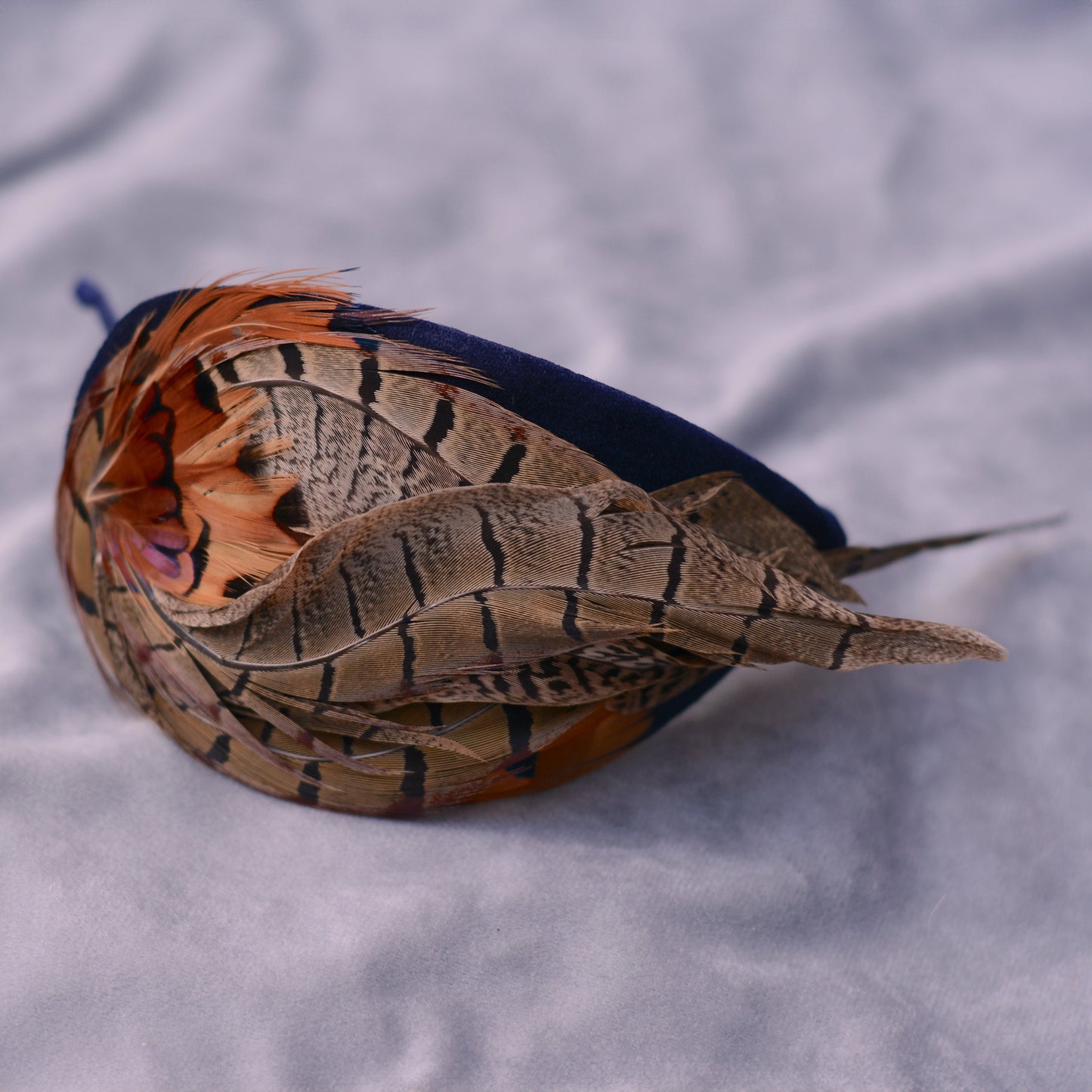 Face Hugger Feather Fascinator in Navy Blue Velvet and Copper Pheasant Feathers