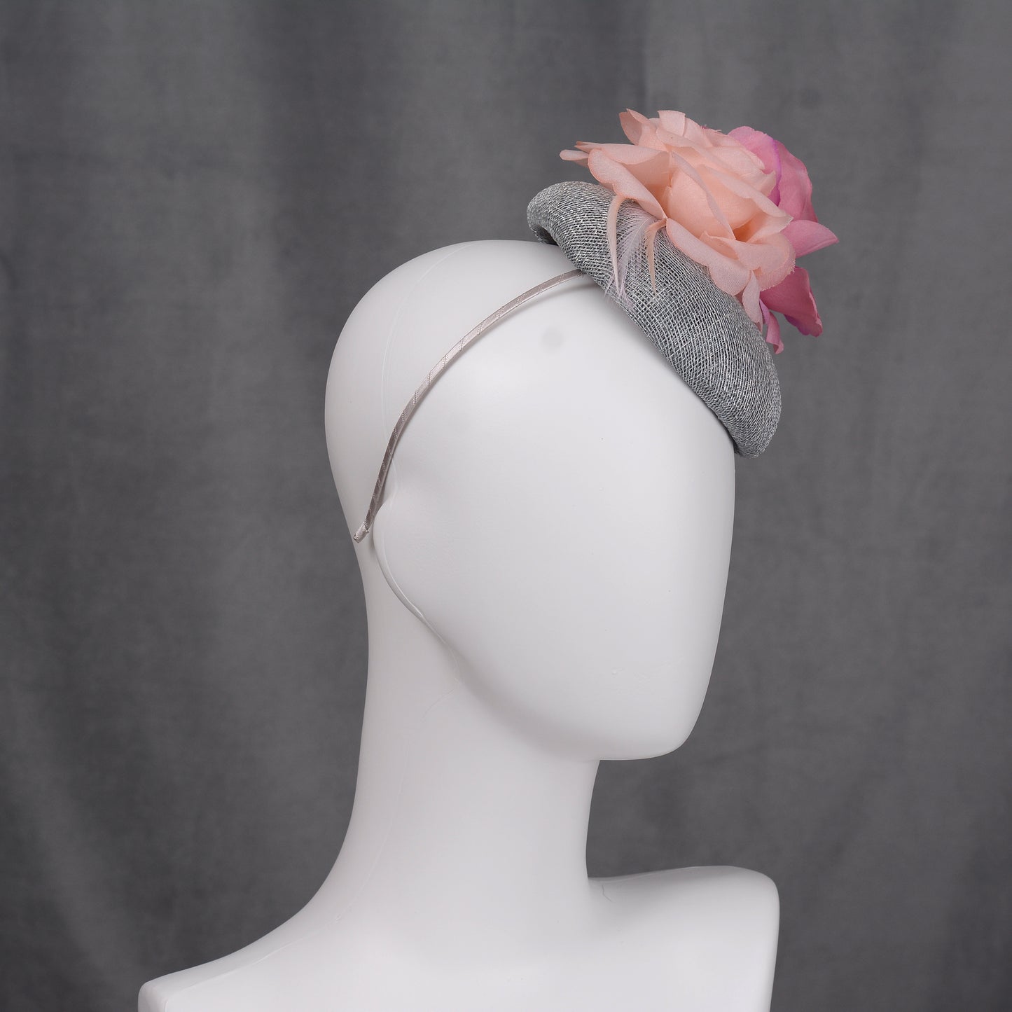 Grey and Pink Button Fascinator with Flowers and Feathers